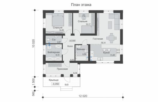 Одноэтажный дом с двумя спальнями и гостиной