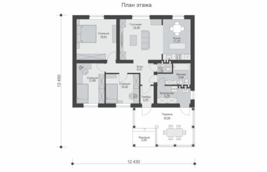 Одноэтажный дом с тремя спальнями, кухней-гостиной и террасой
